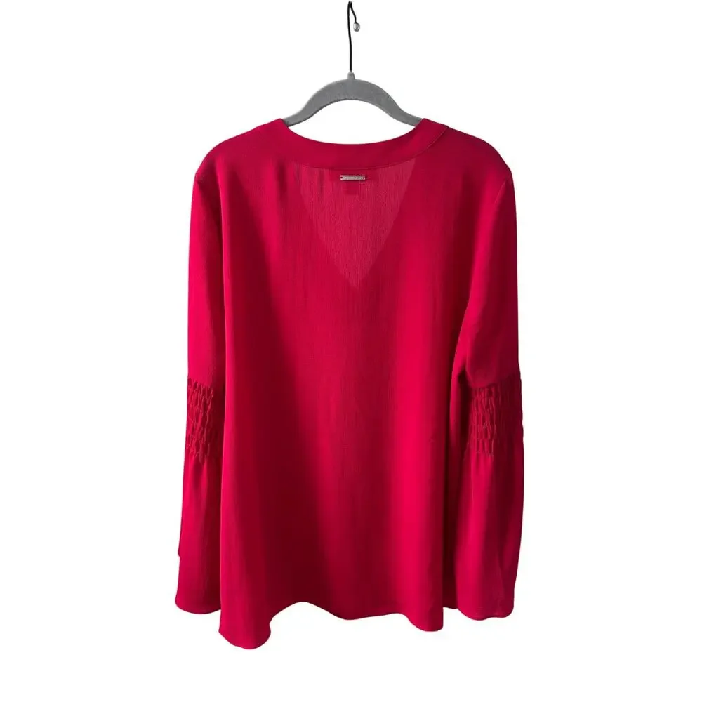 Michael Michael Kors Red V-Neck Blouse Womens Large Long Sleeve Smocked Sleeve - Picture 9 of 10